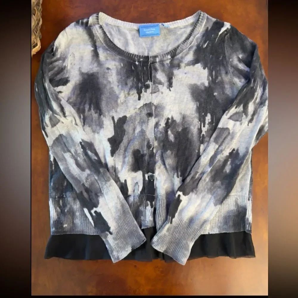 Simply Vera Vera Wang Cardigan Sweater Mesh Bottom Black Grey Multi Petite L